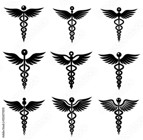 Medical Caduceus Symbol in Different Variation.  Medical Symbol vector Silhouette illustration