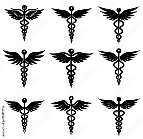 Medical Caduceus Symbol in Different Variation.  Medical Symbol vector Silhouette illustration