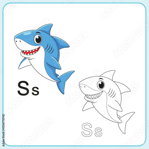 Friendly Cartoon Shark for Learning S: Color and Outline