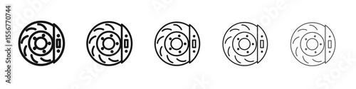 Car brake disk with caliper icon thin flat outline style vector sign