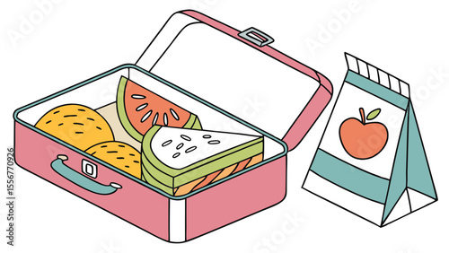 Illustration of an open pink lunchbox filled with food and a juice box with an apple design near it