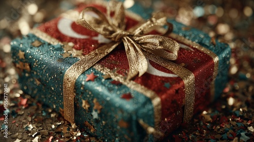 Eid gift box wrapped in Turkish flag colors, golden ribbons, floating confetti, soft focus