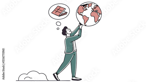 Illustration of a man holding a globe while thinking about a book on a white background scene design