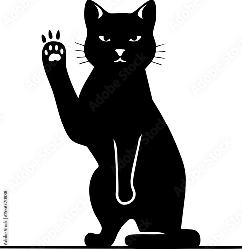 Stern Black Cat Icon Raising Paw - Editorial Illustration