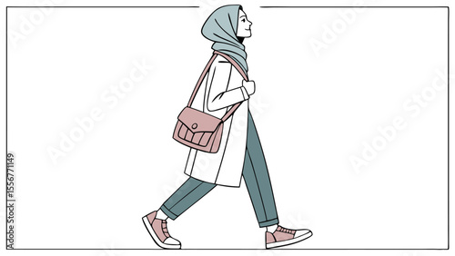 A woman with a hijab walking and carrying a shoulder bag in a simple line art style illustration design