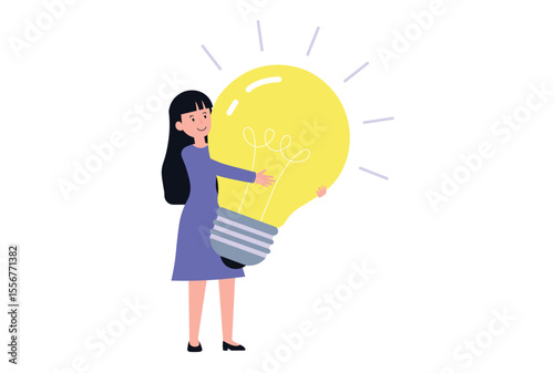 Female Entrepreneur holding light bulb with Bright Business Idea Vector Illustration.