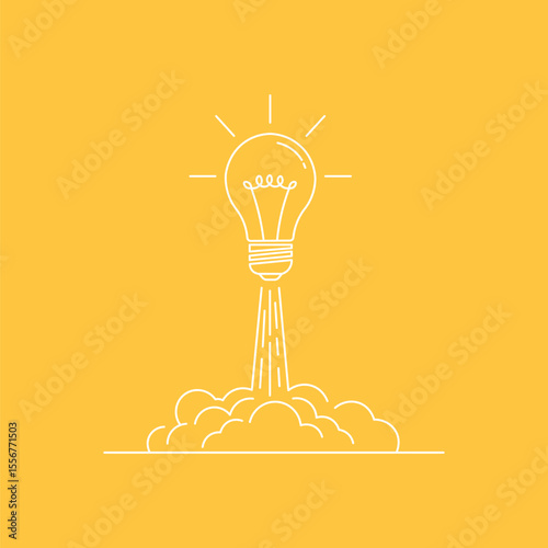 Light Bulb Rocket Taking Off with New Idea Launch, Startup Concept Vector Illustration.