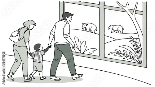 A family visiting a zoo looking at tapirs through a large window with plants and a tree outside the glass