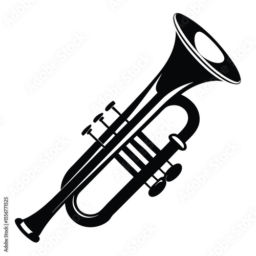 Black silhouette of trumpet vector illustration for music, band, concert, jazz, and musical instrument design themes.