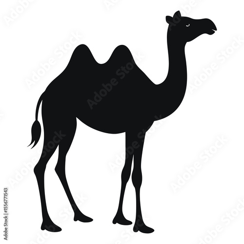 Black silhouette of camel walking vector design perfect for desert travel themes, safari illustrations, or Middle Eastern culture artwork.