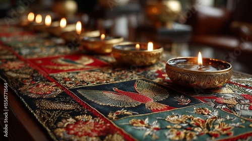 Eid table runner with Indonesian flag batik, gold embroidery, floating tea lights