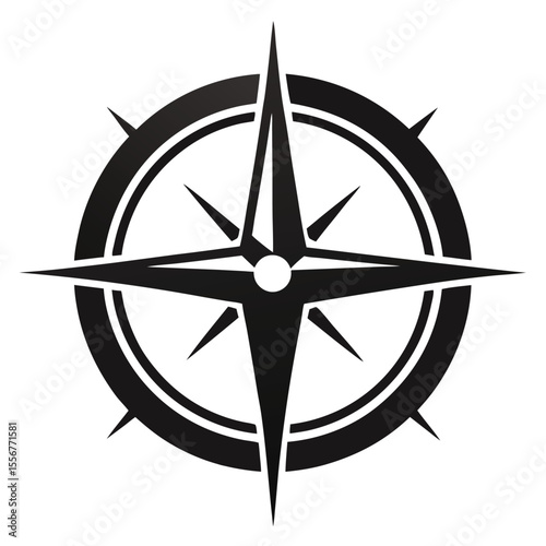 Compass rose icon in black silhouette vector style for navigation, adventure, travel or maritime themed projects and vintage maps.