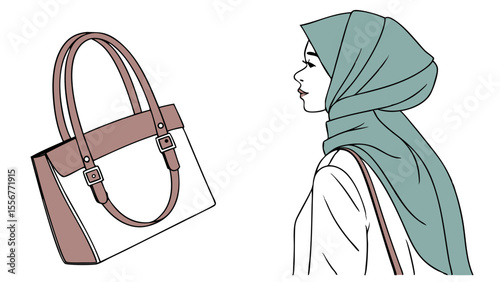Illustration of a woman in hijab with a handbag featuring a two tone design and buckle details