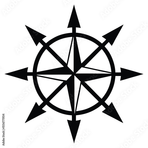 Compass Rose Icon Vector in Black Silhouette Style for Navigation, Travel, Exploration, Marine and Adventure Themes