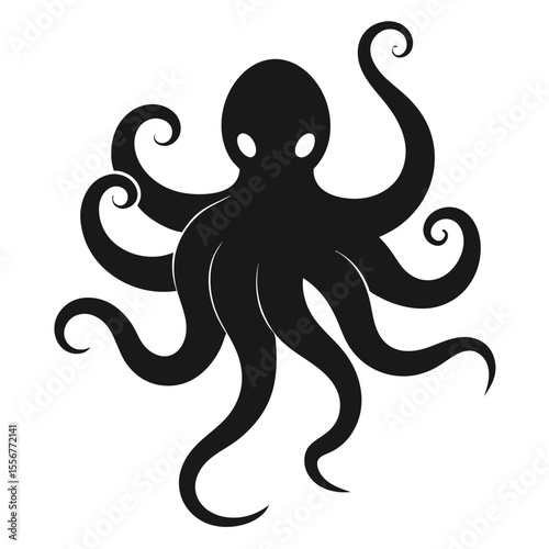 Black silhouette of octopus vector illustration. Ideal for ocean wildlife themes, marine biology, underwater creatures, sea animal education or nautical design projects.