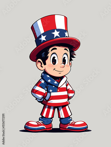 Vector Illustrations. Cartoon Boy Dressed in American Flag Colors with Patriotic Hat. EPS Editable