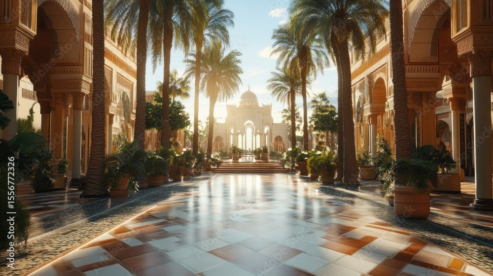 Fototapeta premium Sunny, ornate courtyard with palm trees