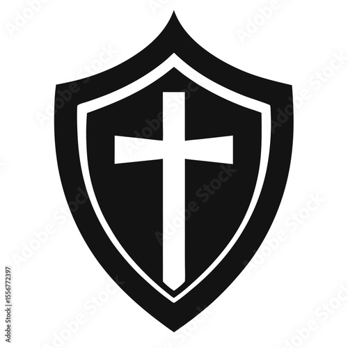 Religious shield icon with cross, symbolizing Christian faith, divine protection, strength, spiritual warfare, and church-related designs or logo elements.