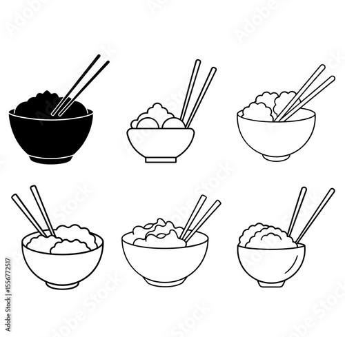 Rice bowl, Noodles bowl and chopstick vector icon set. Vector illustration