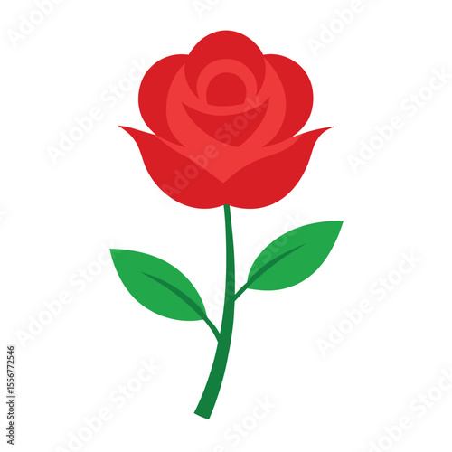 Vector red rose with green stem and leaf, symbolizing love, romance, Valentine’s Day, floral decor, and garden-themed illustrations.