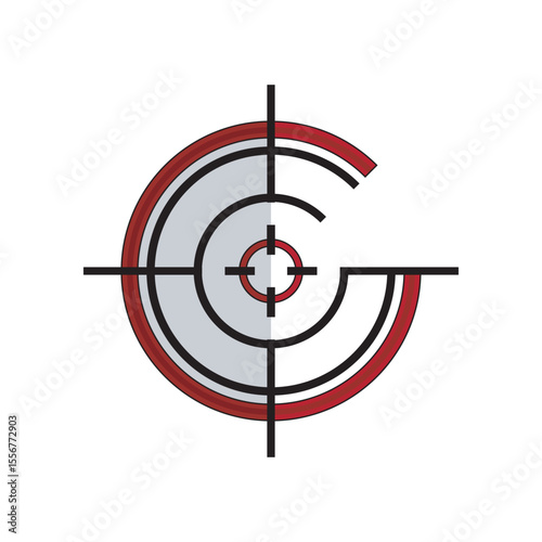 Stylized letter G crosshair with geometric red and black segments. Ideal for tech logos, targeting interfaces, or digital designs requiring modern mark visuals.