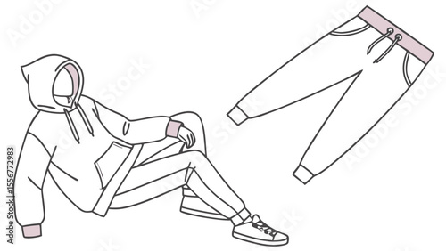 Person in hoodie and sweatpants sitting next to floating sweatpants with drawstring and pockets outline
