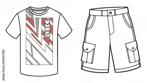 T shirt with geometric design and shorts with pockets apparel illustration for clothing line design