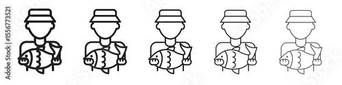 Fisherman with fish icon thin flat outline style vector sign