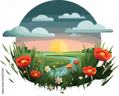 spring landscape with flowers and grass