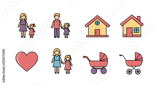 Collection of family icons featuring parents children houses heart and strollers in a vector format design