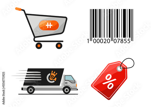 Illustration featuring a shopping cart, barcode, delivery truck, and a percentage off tag design element