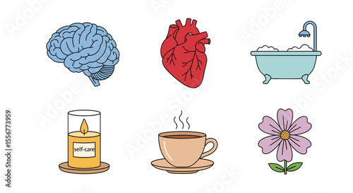 Collection of self care themed drawings including a brain heart bathtub candle coffee and flower