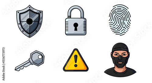 Collection of security themed icons including a shield, lock, fingerprint, and a thief character