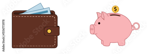 Wallet with cards and a piggy bank with a coin falling in on a plain presentation stage view