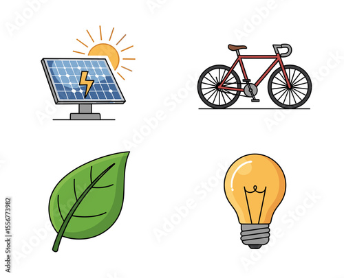 Four icons depicting renewable energy sources and eco friendly transportation options shown here