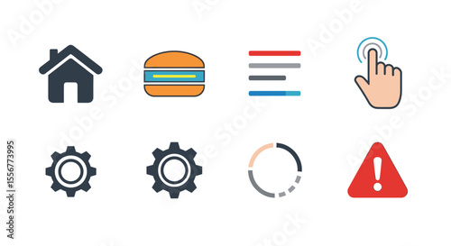 Collection of eight distinct icons including a house burger gears and a hand interacting with a screen