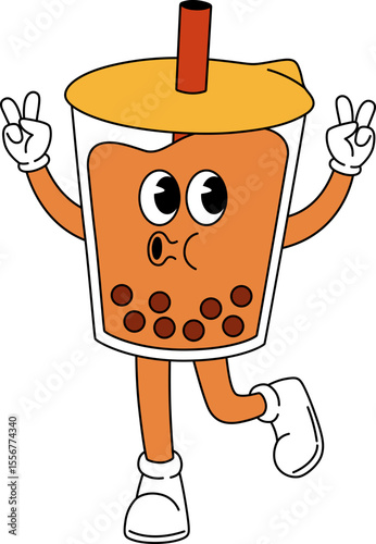 Groovy Retro Cartoon Bubble Tea Character

