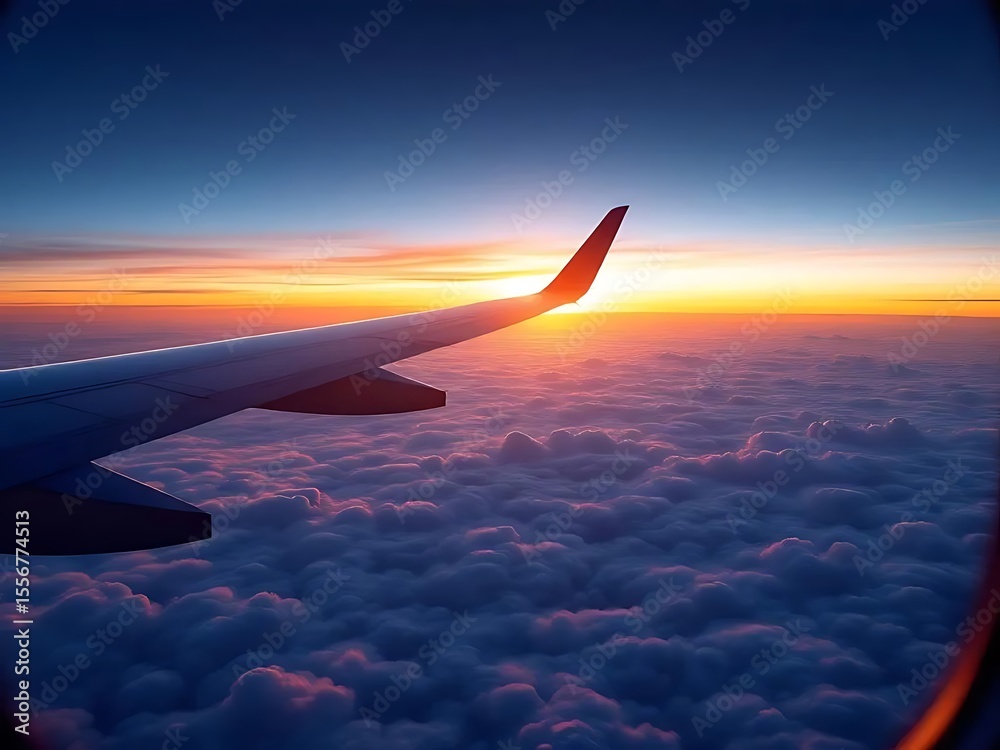 Obraz premium Airplane wing flying above a sea of clouds during sunrise, creating a tranquil and scenic travel moment. Perfect for travel, aviation, vacation, and inspirational content