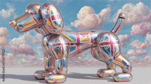 New Year's balloon dog with British flag spots, chrome finish, surreal pastel clouds