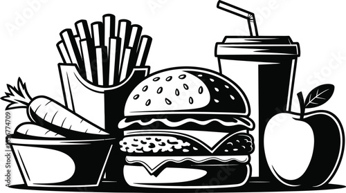 Black and white illustration of burger fries carrots and apple drink