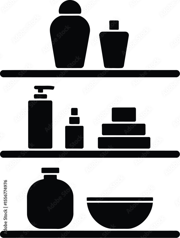 Fototapeta premium Illustration of three shelves with bottles and bowl in black and white