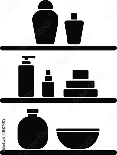 Illustration of three shelves with bottles and bowl in black and white