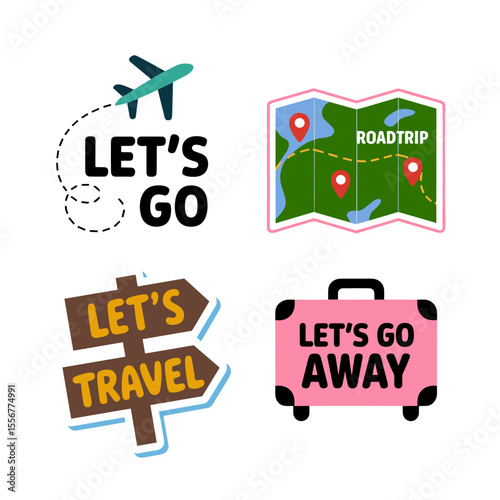 Fun Collection of Travel and Adventure Themed Graphics: "Let's Go" with Airplane, Road Trip Map, "Let's Travel" Sign, and "Let's Go Away" Suitcase