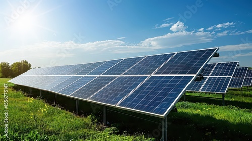 Solar panel farm with advanced solar tracking systems in a sunny field.