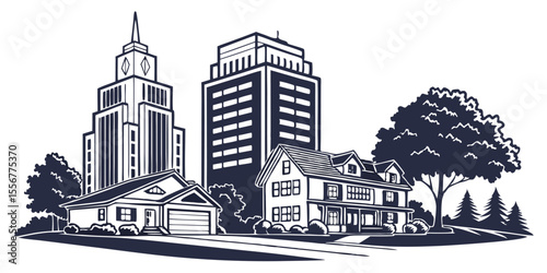 Cary vector skyline silhouette including tech office buildings, Research Triangle Park, and suburban homes.