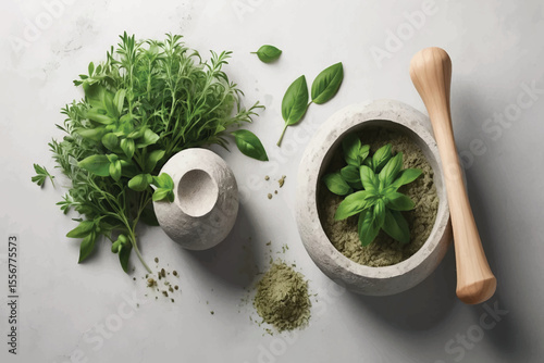 Ground Green Herbs in Stone Mortar with Wooden Pestle