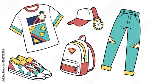 Illustration of a t shirt with geometric shapes, jeans, shoes, backpack and a cap with a watch on it