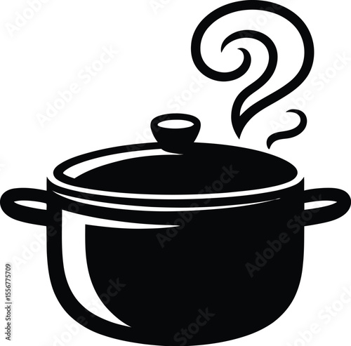 Illustration of a black cooking pot with lid and rising steam swirls