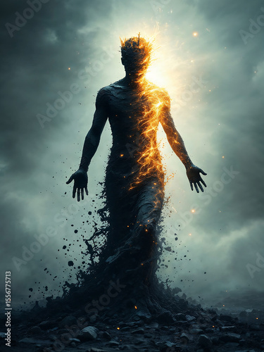 Dark figure with glowing fire energy in stormy scene, water splashes and clouds, surreal fantasy power.