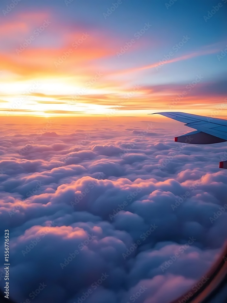Fototapeta premium Airplane wing flying above a sea of clouds during sunrise, creating a tranquil and scenic travel moment. Perfect for travel, aviation, vacation, and inspirational content